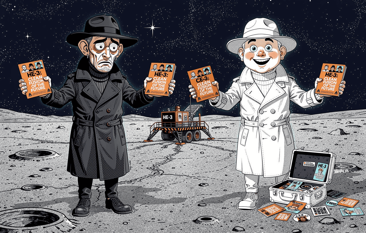 Editorial illustration contrasting a helium-3 molecule deposited on the lunar surface with a speculative fusion reactor still under development