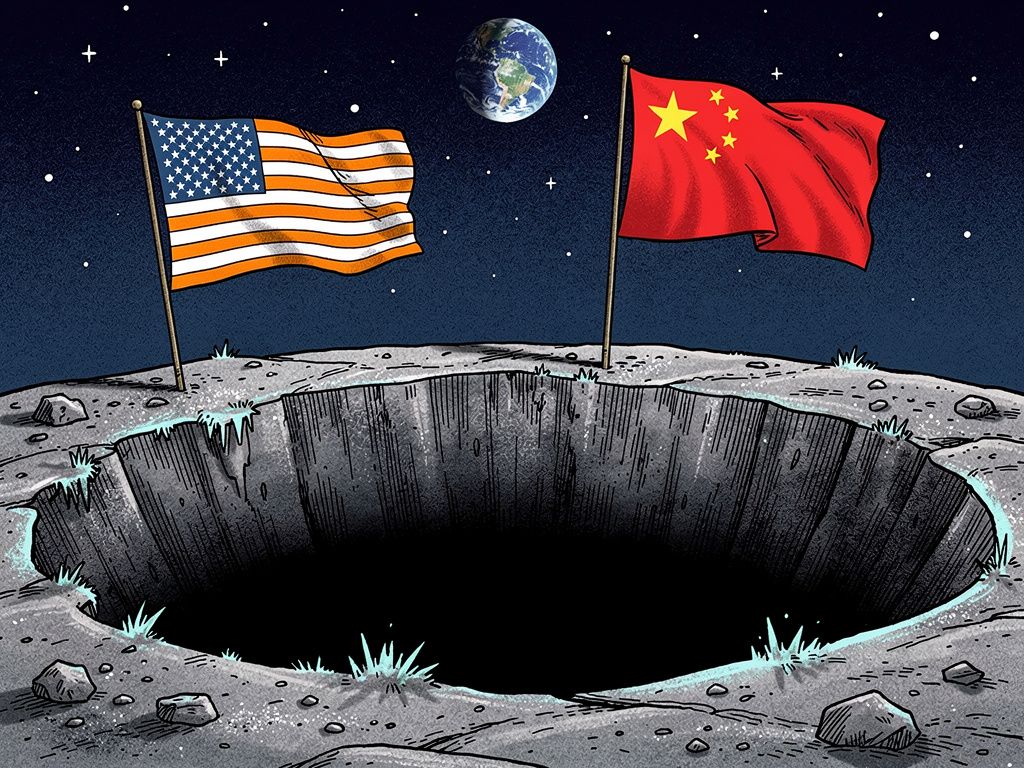 Data visualization of water ice concentration in permanently shadowed craters at the lunar south pole, with competing program flags in the background