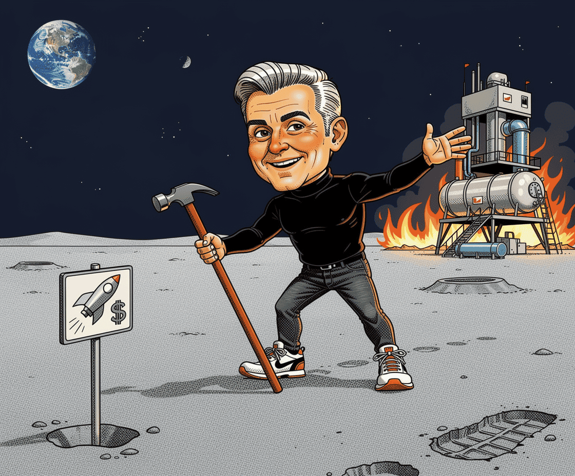 Editorial cartoon of a rocket launching from a crumbling Earth toward a Moon already covered in corporate flags and mining equipment