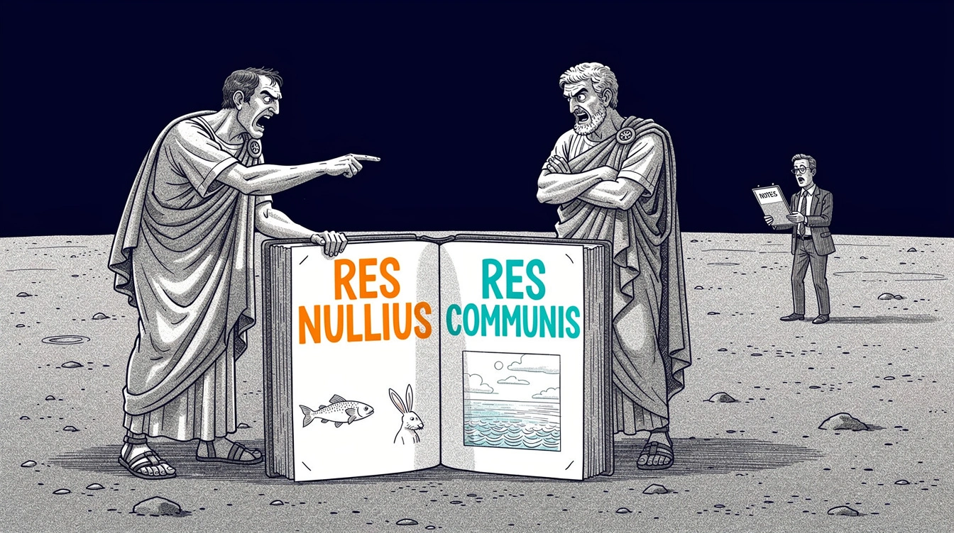 Editorial illustration of ancient Roman legal scrolls alongside modern space mining permits, representing the contested ownership of lunar resources